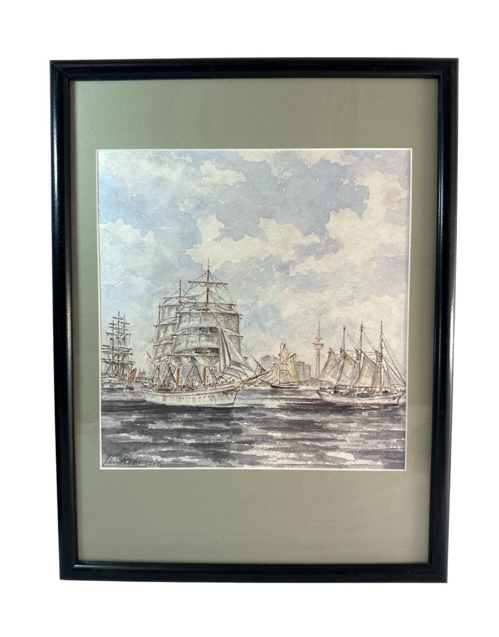 Vintage 1986 Bremerhaven Sail Tall Ships Maritime Watercolor Print Framed 13x17